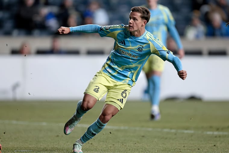 Union’s # 6 Cavan Sullivan watches his first goal of the game during the Union vs. Defence Force FC, Concacaf Champions Cup round of 32 second leg, soccer match at Subaru Park in Chester, Pa. on Thursday, Feb. 26, 2026.