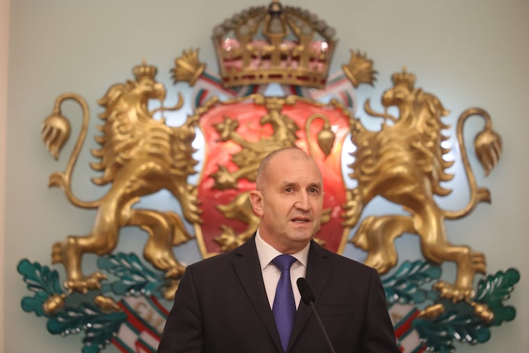 Bulgaria's President Rumen Radev announces that he is stepping down from his position at Bulgarian Presidency, Sofia, Bulgaria, Monday, Jan. 19, 2026.