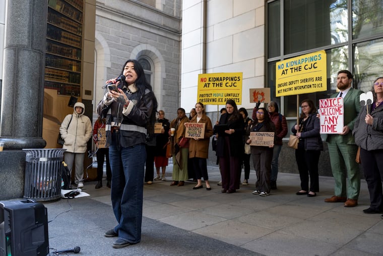 Erika Guadalupe Nunez, executive director at Juntos, speaks at a rally earlier this month to stop ICE arrests at the Philadelphia courthouse. Statistics show that despite the Trump administration's rhetoric, the percentage of those arrested who have criminal records has been dropping.