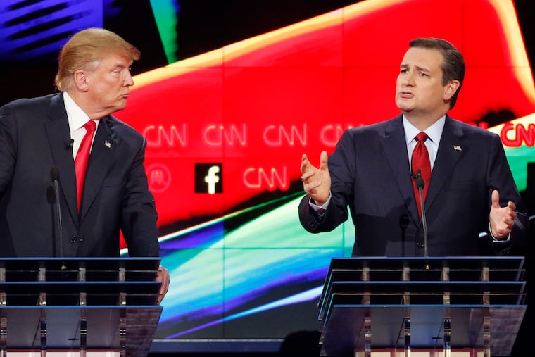 Donald Trump and Ted Cruz during Tuesday night's debate in Las Vegas.