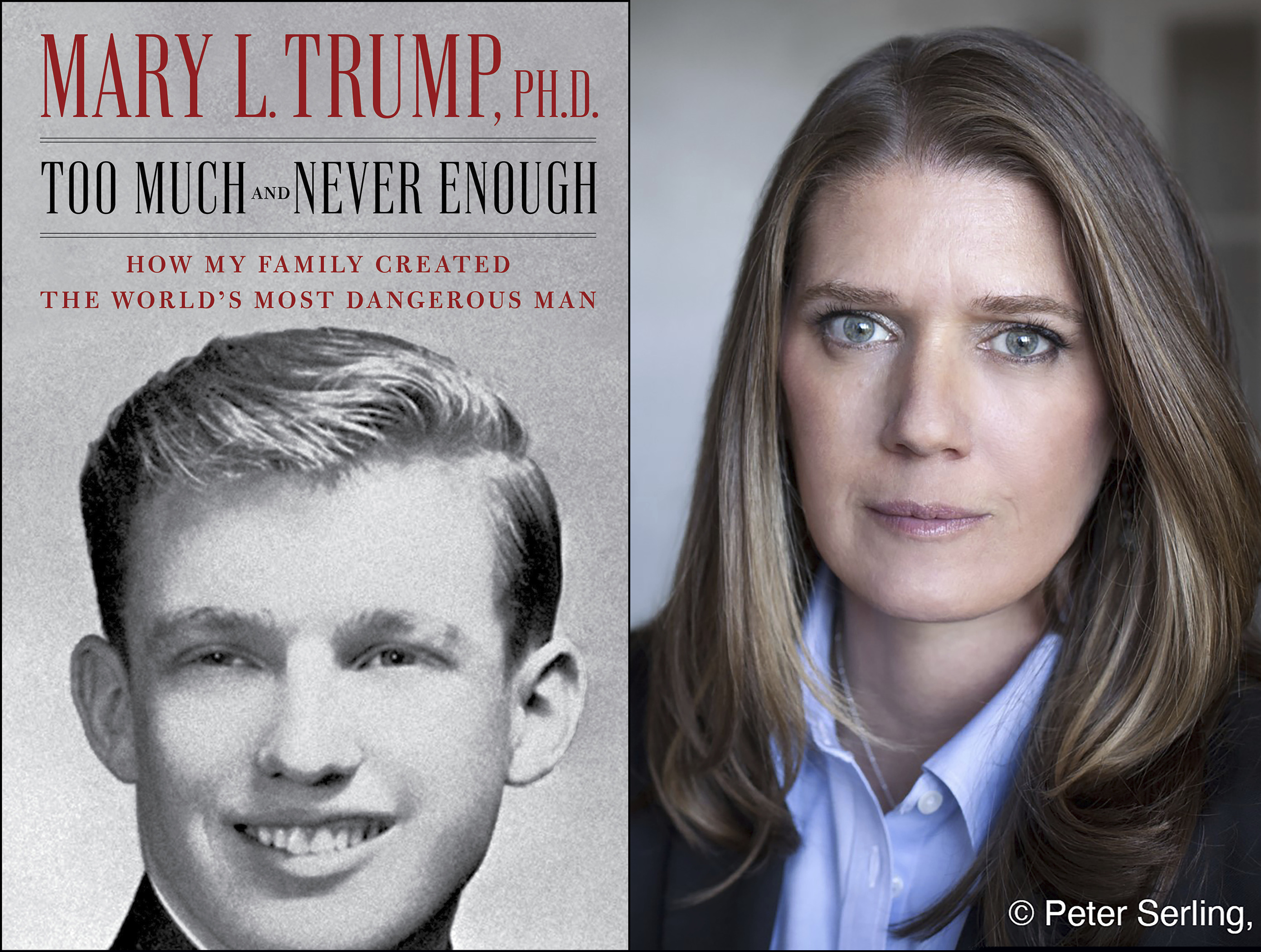 This combination photo shows the cover art for "Too Much and Never Enough: How My Family Created the World’s Most Dangerous Man", left, and a portrait of author Mary L. Trump, Ph.D.