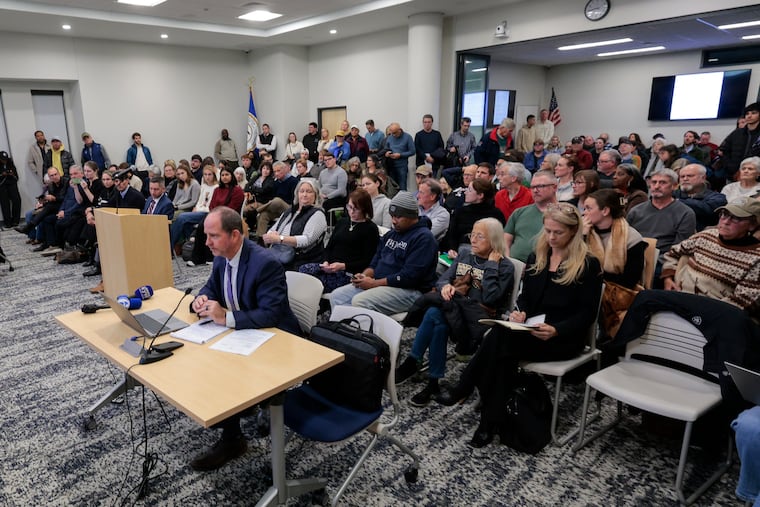Edmund J. Campbell Jr., an attorney for Brian O'Neill, speaks in front of a packed room at the Plymouth Township zoning hearing board meeting on Monday. He was forced to withdraw his client's application.