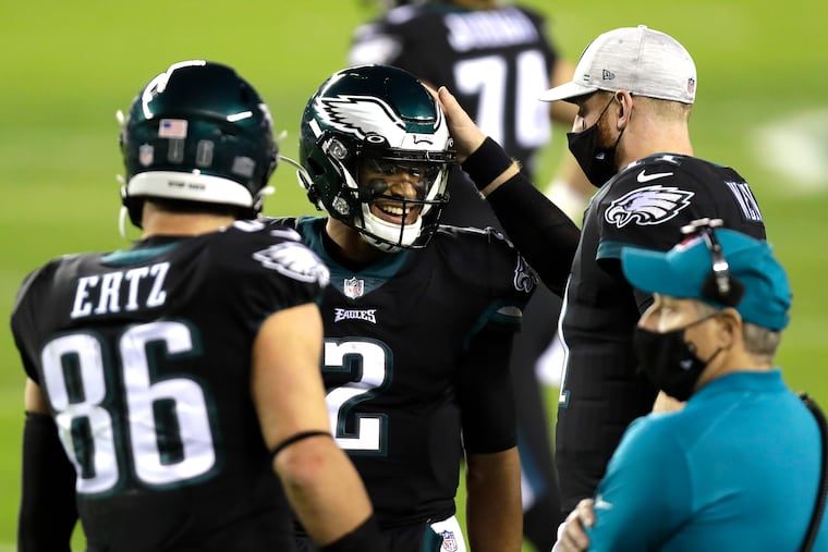 Eagles quarterback Jalen Hurts rambled and scrambled through his first NFL start, keeping the Saints guessing in a 24-21 win in Week 14.