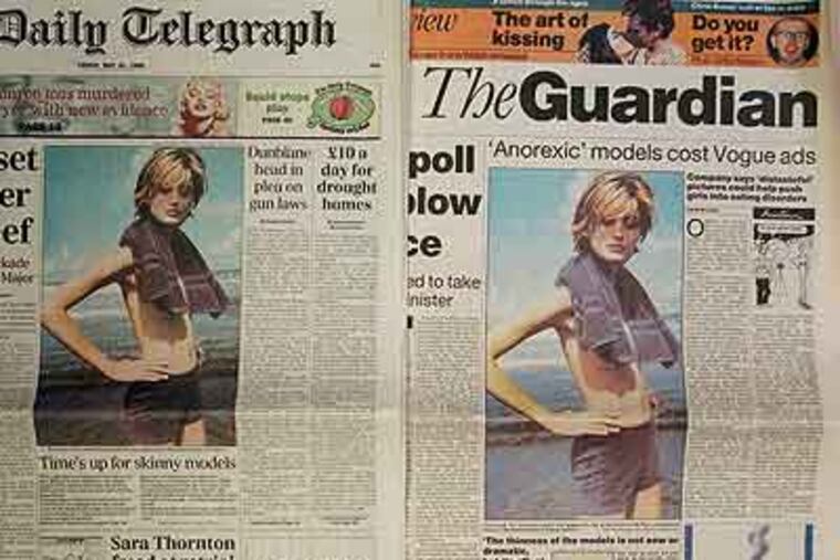 A selection of British broadsheets from 1996, protesting waif-like models from a Vogue magazine issue. A new study led by Drexel researchers suggests weight history offers clues to chances for recovery. (AP Photo / John Parkin)