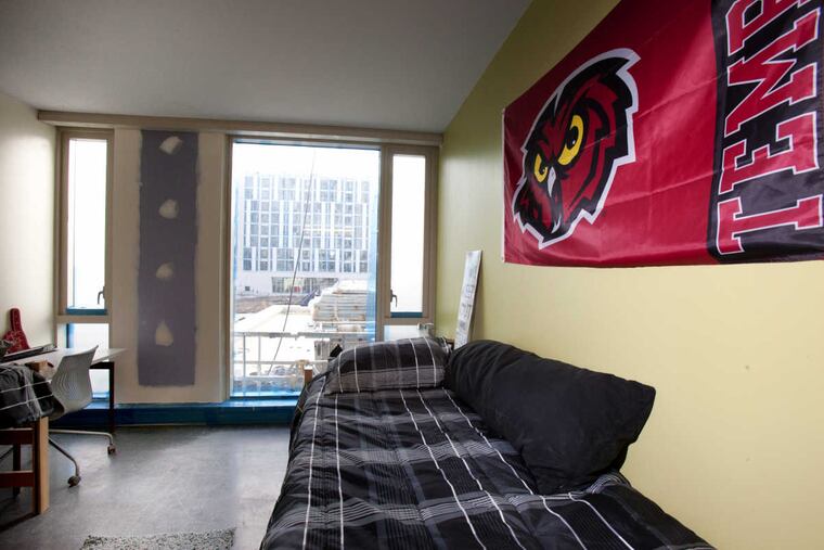 A room at Mitchell and Hillary Morgan Hall, a high rise luxury dormitory at Temple University.