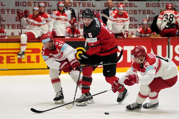 Flyers defenseman Travis Sanheim, shown playing at the 2022 World Championships, will draw in for Canada on Saturday at 4 Nations.
