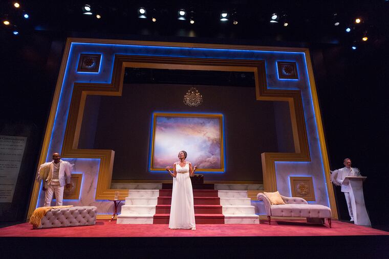 Bristol Riverside Theatre's current production, "An Act of God," with (from left) Benjamin Brown, Kim, Wayans and Peter DeLaurier.