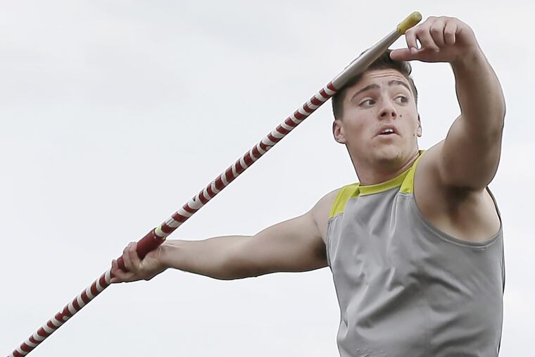 Rancocas Valley javelin thrower Nick Mirabelli works on technique during practice at the school in Mt. Holly on Thursday.