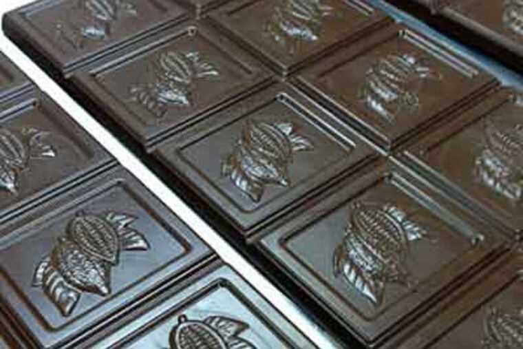 The 72 percent Pure Nacional bars at Éclat, ready for wrapping. The bars are called Good & Evil: The pods contain an uncommon combination of white and dark-purple beans