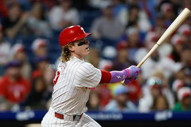 The Phillies' Harrison Bader bats in a game against the Atlanta Braves in August. A Bader home-run ball became the source of internet vigilantism on Friday.