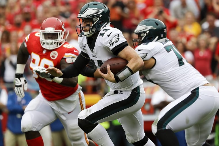 Philadelphia Eagles quarterback Carson Wentz was sacked six times by the Kansas City Chiefs.