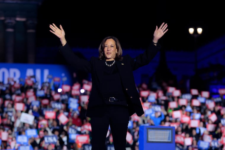 On the eve of election day, November 4, 2024, Vice President Kamala Harris made stops in Allentown, Pittsburgh, and finally the Art Museum steps in Philadelphia. People on the crowded Eakins Oval.