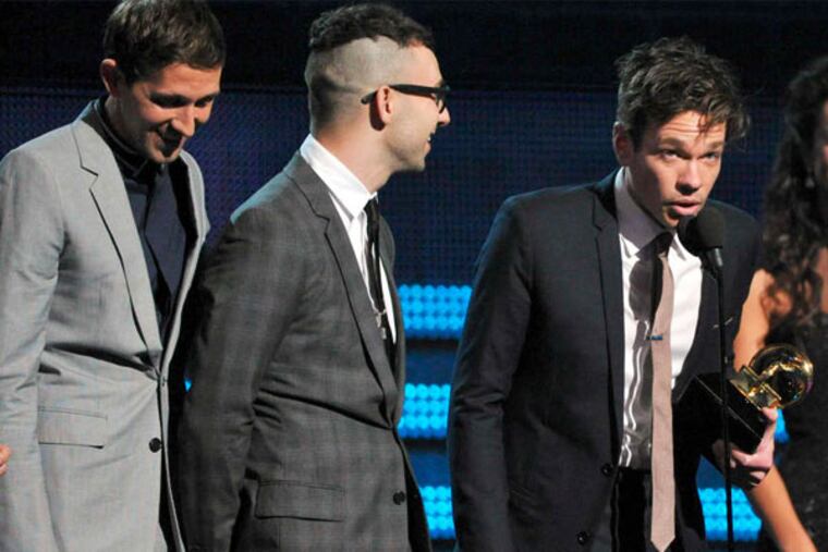 Members of fun. (from left) Nate Ruess, Andrew Dost, and Jack Antonoff won song of the year for "We Are Young."