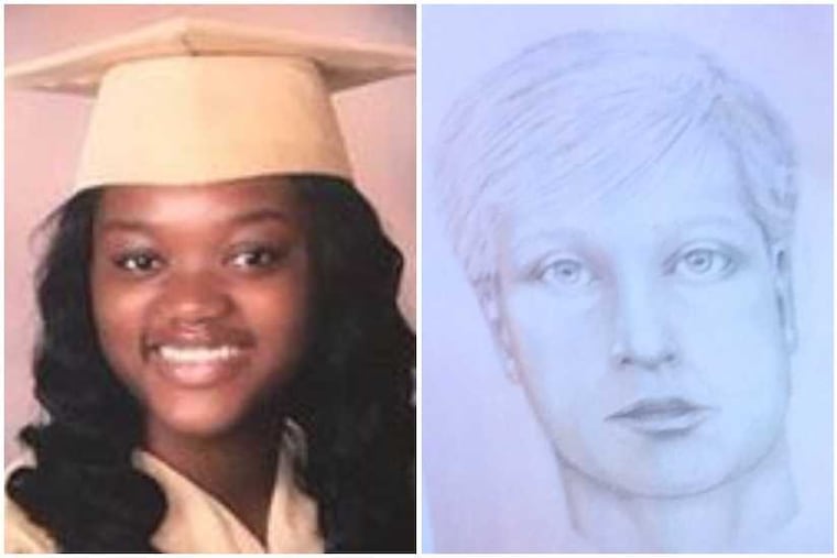 Bianca Roberson, 18, and a sketch of the man police say killed her in a Chester County road-rage incident.