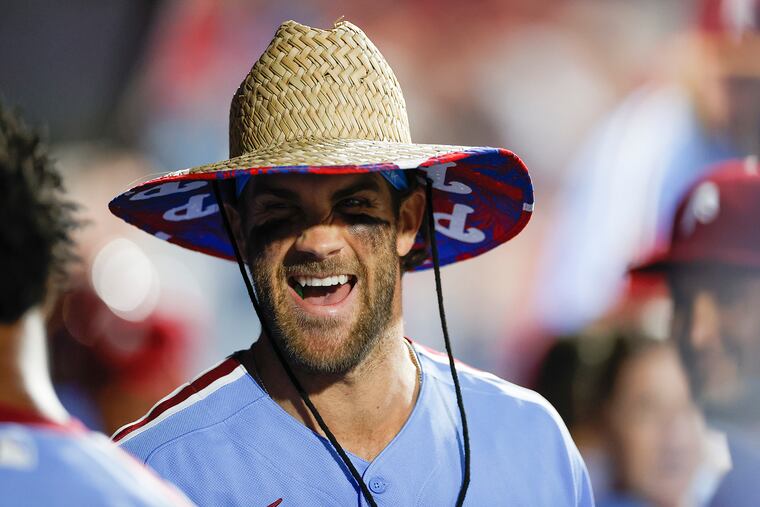Phillies Bryce Harper smiles after hitting a solo home run against the Colorado Rockies on Thursday, September 9, 2021 in Philadelphia.