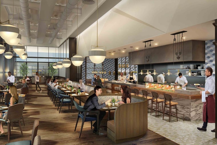 Vernick Fish's dining room, in a rendering. It opens to the public at the Comcast Technology Center, on Arch Street just west of 18th Street, on Aug. 12, 2019.