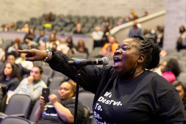 Vida Neil speaks during public comment during the Camden City School District Advisory Board meeting at Camden High School in Camden, NJ on Tuesday, Jan. 23, 2024.