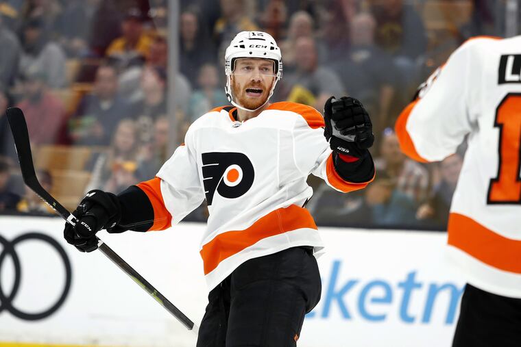 Flyers forward Michael Raffl celebrates a goal against the Bruins in the preseason finale on Saturday.