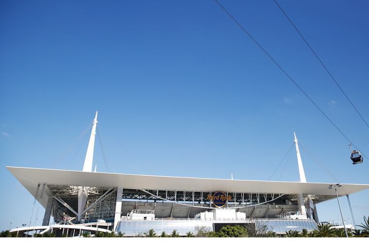 Hard Rock Stadium is seen along side of the new new gondolas during a tour of Hard Rock Stadium on Tuesday, Jan. 21, 2020, ahead of the NFL Super Bowl LIV football game in Miami Gardens, Fla.