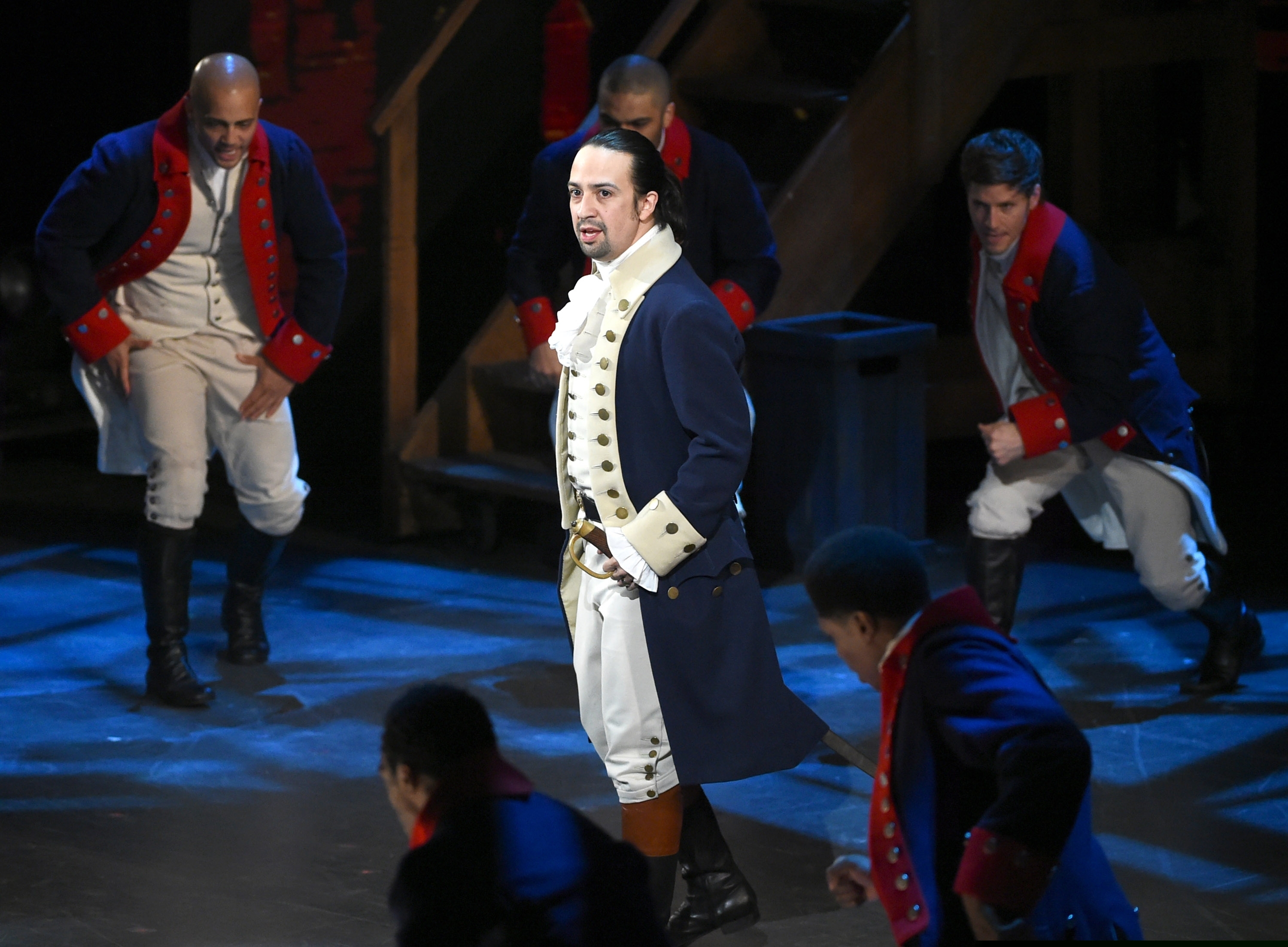 Lin-Manuel Miranda and the cast of "Hamilton" performing in 2016 at the Tony Awards in New York.