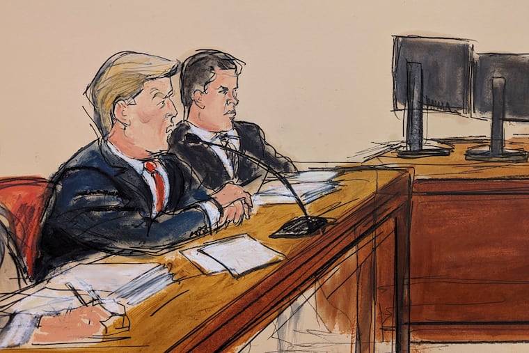 Former President Donald Trump, far left, pleads not guilty as the Clerk of the Court reads the charges and asks him "How do you plea?" on April 4, 2023, in a Manhattan courtroom in New York. Defense attorney Joseph Tacopina, center, looked on.