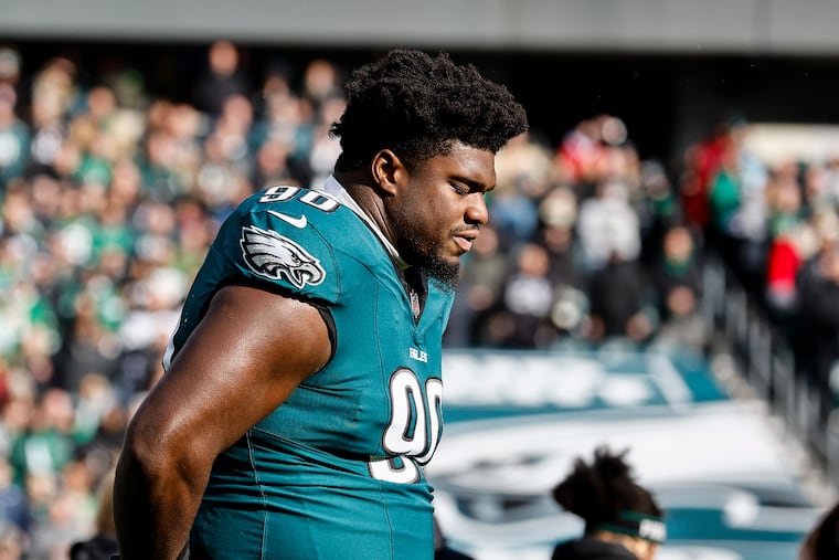 Philadelphia Eagles defensive tackle Jordan Davis stands during the National Anthem at Lincoln Financial Field on Sunday.