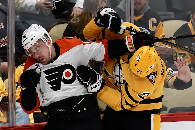 Defenseman Rasmus Ristolainen (left) collides with Penguins left wing Elmer Soderblom during the Flyers' win in Game 2.