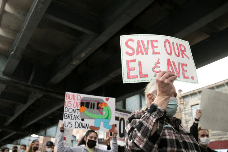Community members and supporters march underneath the El down Kensington Avenue from the closed SEPTA Somerset MFL station to the Allegheny station on Tuesday, March 23, 2021. SEPTA decided to close down the station due to its being overwhelmed by drug use and homelessness, along with busted elevators.
