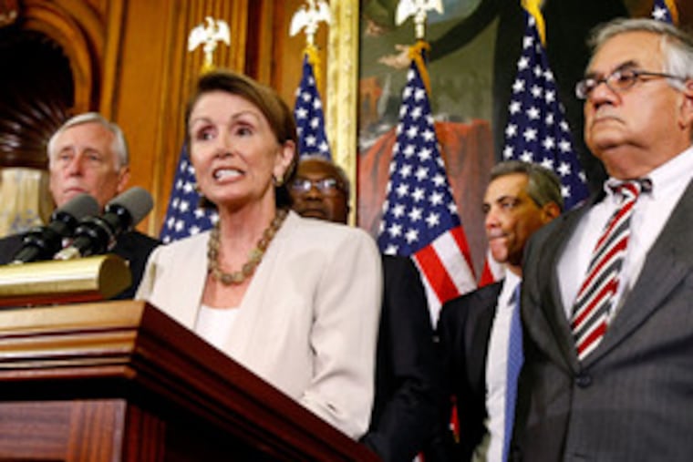 House Speaker Nancy Pelosi speaks to reporters about the status of the rescue plan, which failed, 228-205. With her (from left) are Majority Leader Steny H. Hoyer, Majority Whip James Clyburn, Rep. Rahm Emanuel, and Rep. Barney Frank. By the end of the trading day, the Dow Jones industrials had fallen 777 points.