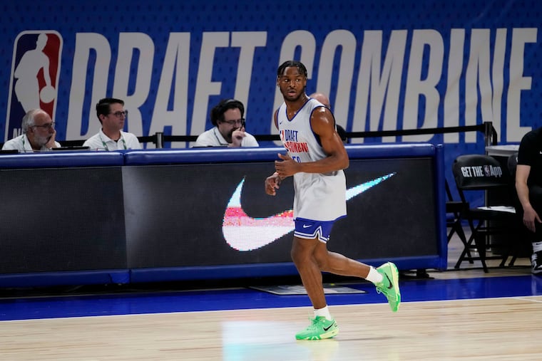 Bronny James participates in a scrimmage during the 2024 NBA Draft Combine on Tuesday.