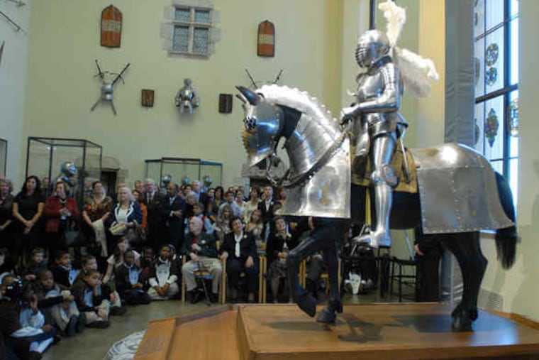 The armor, in all its splendor , after its unveiling yesterday at the Philadelphia Museum of Art. Fourth graders from the Russell Byers Charter School were among those on hand.