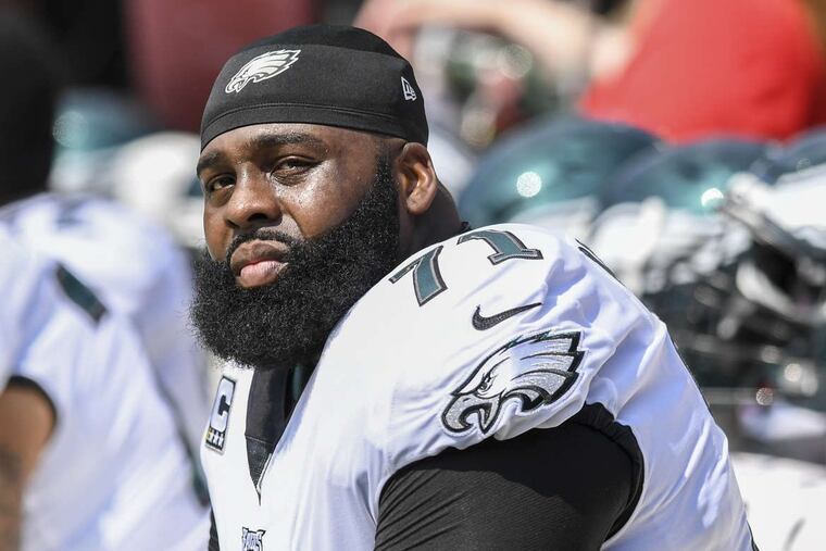 Eagles left tackle Jason Peters on the bench during the game at FedEx Field in Landover, MD September 10, 2017. Eagles won 30-17. CLEM MURRAY / Staff Photographer
