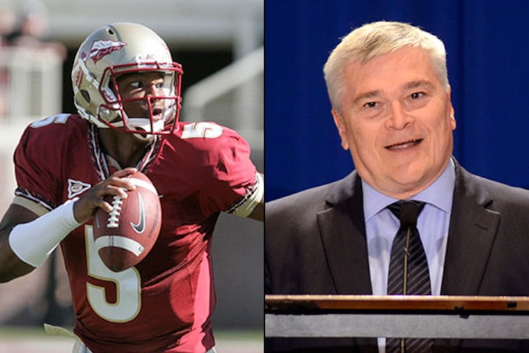 Eric Barron (right), who was Florida State's president when their star quarterback, freshman Jameis Winston (left) was accused of rape, has been named the next leader of the Pennsylvania school, which has already been battered by a scandal over sexual abuse that went ignored by administrators.