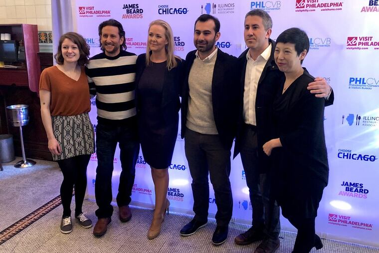 Philadelphia’s 2018 James Beard nominees (from left) Camille Cogswell, Rich Landau, the Beard Foundation’s Clare Reichenbach, Okan Yazici, and Michael Solomonov of Zahav, and Ellen Yin of Fork.