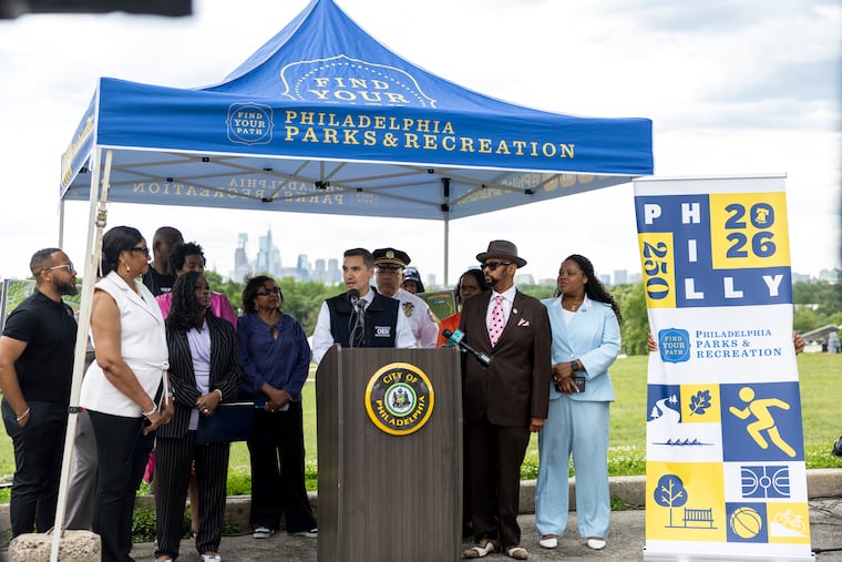 Dominick Mireles, deputy managing director for community safety, speaks at a press conference on the details for the 2026 Roots Picnic at the Belmont Plateau.