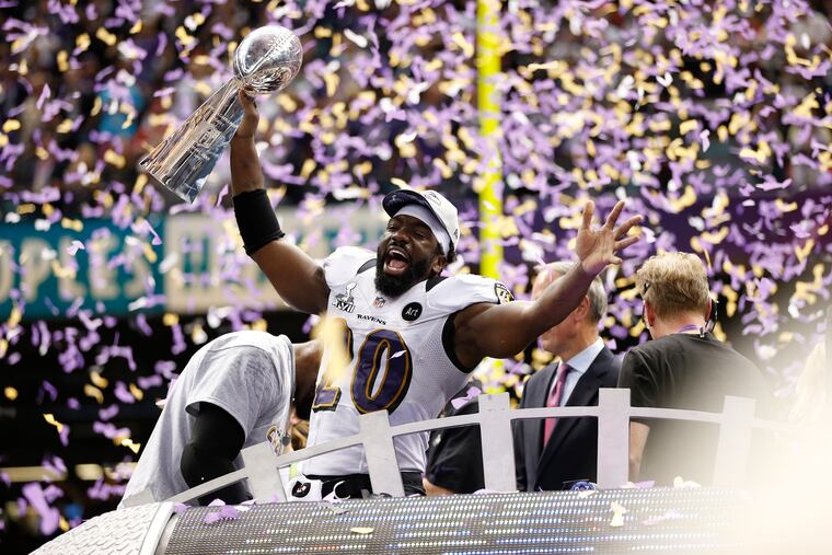Ed Reed (20) of the Baltimore Ravens celebrates at the end of Super Bowl XLVII at the Mercedes-Benz Superdome in New Orleans on February 3, 2013. (Mark Cornelsion/Lexington Herald-Leader/TNS)