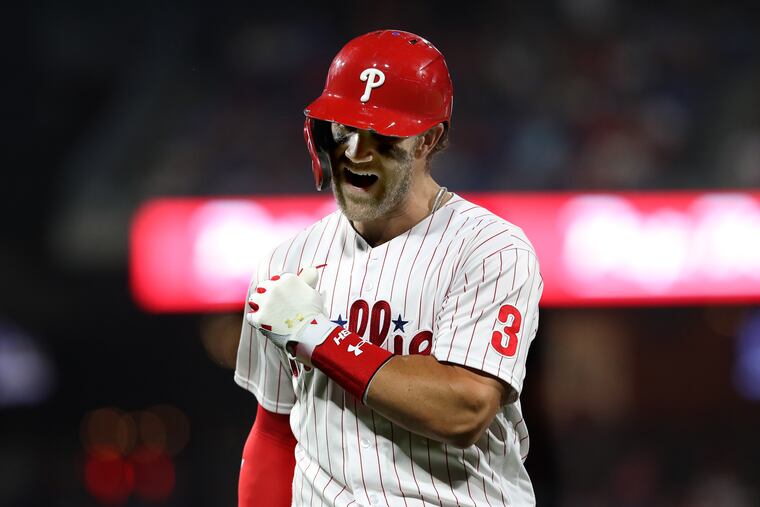 Bryce Harper of the Phillies yells after grounding out to second in the fourth inning against the Rays.