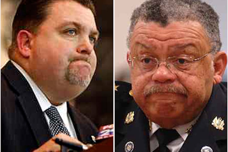 FOP President John McNesby (left) says Police Commissioner Charles Ramsey (right) fires cops too quickly. Says Ramsey: "I think there has to be a higher standard for officers, and I don't have a problem holding them to it." (Davie Maialetti, Tom Gralish / Staff Photographers)