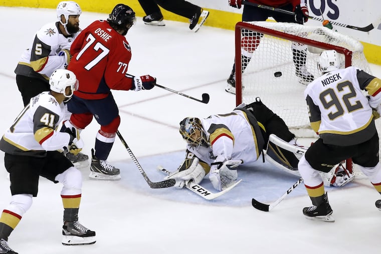 Washington forward T.J. Oshie (77) beats Vegas goaltender Marc-Andre Fleury to give the Capitals a 1-0 first-period lead Monday.