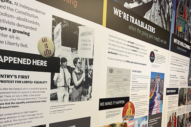 The country's first Remembrance Day celebration is featured as part of a collage in Philly Pride Visitor Center. The protestors gathered in front of Independence Hall from 1965 through