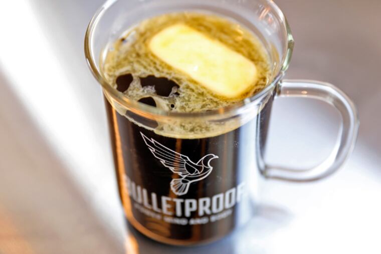 Bulletproof coffee with unsalted, grass-fed butter added before it is mixed in a blender at Bulletproof Coffee in Santa Monica, Calif. Executive founder Dave Asprey founded the signature drink in the hottest new health-meets-coffee craze. (Al Seib/Los Angeles Times/TNS)