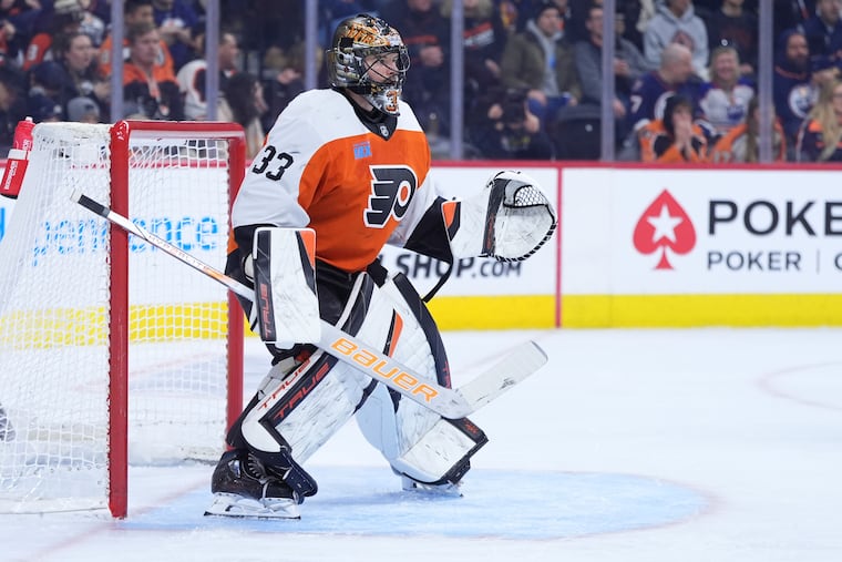 Philadelphia Flyers' Samuel Ersson plays during an NHL hockey game, Feb. 22, 2025, in Philadelphia. (AP Photo/Matt Slocum, File)