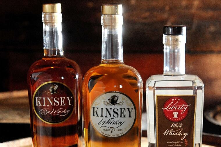 Distilled at New Liberty: (from left) Kinsey rye, 7-year-old, and white whiskeys.