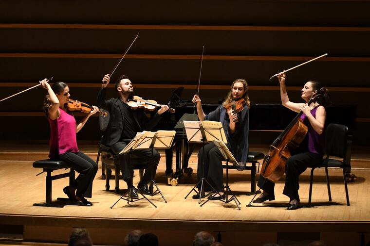 The Elias String Quartet: violinists Sara Bitlloch and Donald Grant, violist Simone van der Giessen, and cellist Marie Bitlloch.
