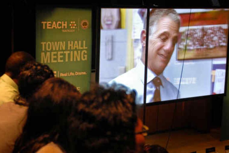 ACTOR AND reality-show teacher Tony Danza makes a point yesterday during the "Teach Town Hall Meeting" hosted by Temple University. Danza, who spent last year teaching English at Northeast High for the A&E network series Teach: Tony Danza, was joined by U.S. Education Secretary Arne Duncan to discuss the need to recruit the next generation of teachers.