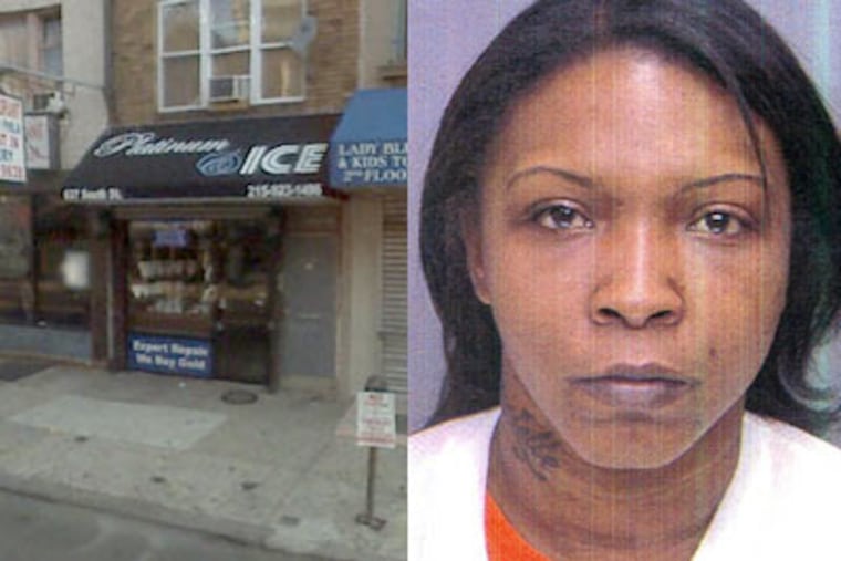 Police say Sheakia Stubbs, 31, right, and John Benson, 47, are accused of robbing this South Street jewelry store this weekend, then leaving behind their 4-year-old son in their bid to escape. (Philadelphia Police; Google Maps)