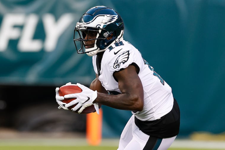 Eagles wide receiver Jalen Reagor runs with the football on a kickoff during a preseason game on Thursday, August 19, 2021 in Philadelphia.
