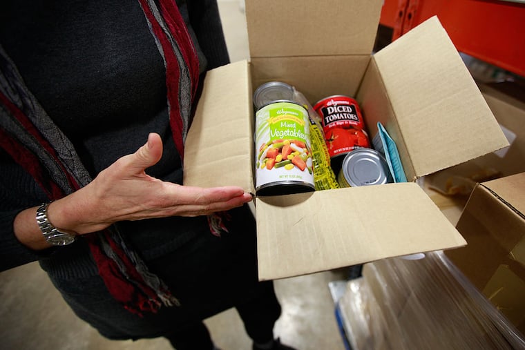 Phoebe Kitson - Davis, who was program director at the Chester County Food Bank in 2014, shows an example box of food.