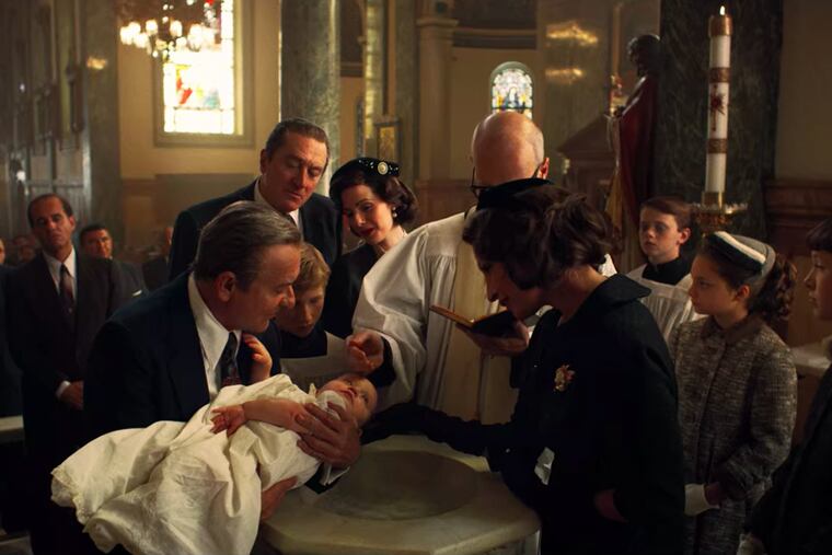 Robert De Niro as Frank Sheeran watches Joe Pesci as Pennsylvania mob boss Russell Bufalino participate in the christening of Sheeran’s daughter at what appears to be "The Irishman’s" version of Our Mother of Sorrows church in West Philly.