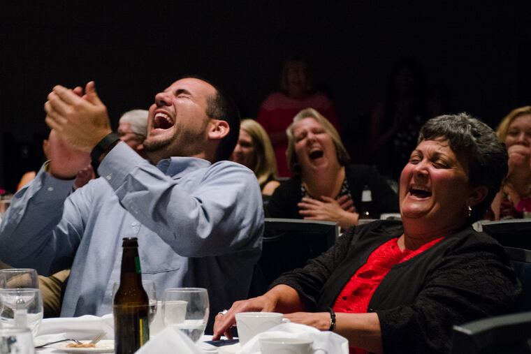 Mike Moser and Jessica Mathis enjoy Tim Miller's State College performance. "I have no agent, just extreme hustle," Miller says.